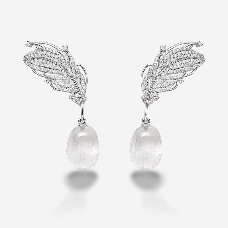 何方白水晶羽毛耳环925银轻奢女
