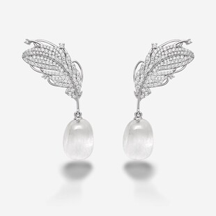 [新品]何方HEFANG珠宝白水晶羽毛耳环耳钉饰品轻奢耳饰生日礼物女