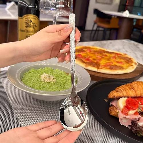 高颜值韩式锤纹不锈钢西餐主餐勺主餐吃饭勺子长柄调羹汤勺