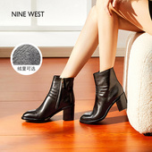 West 玖熙加绒粗跟短靴女棉鞋 冬季 Nine 粗跟韩系显瘦时装 靴