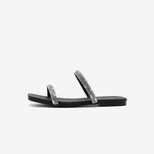 West 外穿女鞋 玖熙2025夏新款 星光钻条时尚 平跟方头一字拖鞋 Nine