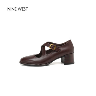 West Nine 玖熙粗跟浅口玛丽珍鞋 小皮鞋 女 真皮百搭单鞋 清仓款