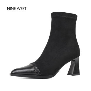 West Nine 玖熙尖头粗跟弹力瘦瘦靴马丁靴百搭真皮短靴 清仓款