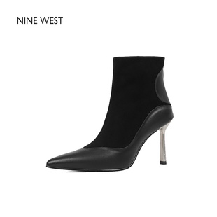 West Nine 玖熙尖头显瘦细高跟马丁靴通勤气质短靴女鞋 清仓款