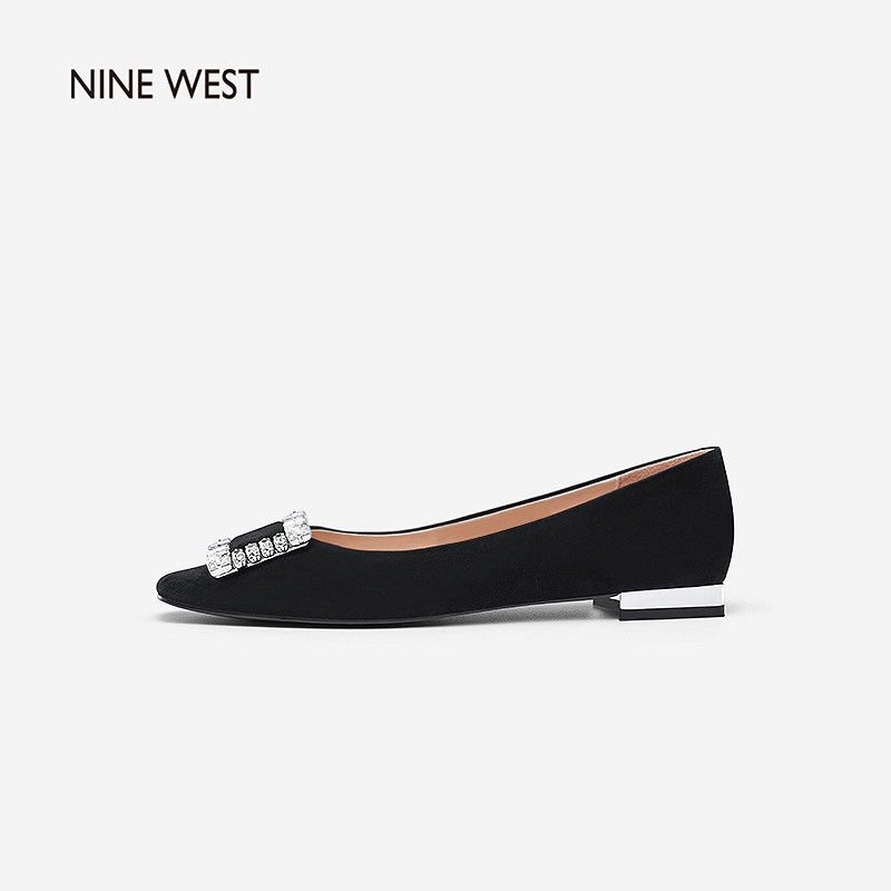 Nine West/玖熙春秋季新款低跟单鞋女钻扣方头绒面通勤平底鞋女,女鞋,浅口单鞋,淘宝优惠券,粉丝福利购,淘宝优惠卷