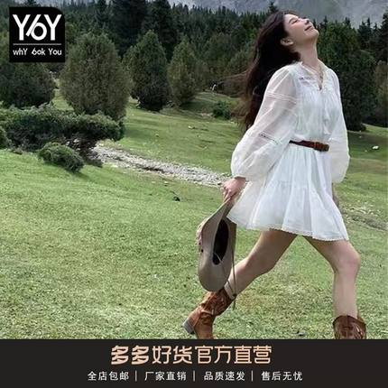 法式欧美白色衬衫式连衣裙腰带收腰女夏季新款薄款长袖小个子短裙
