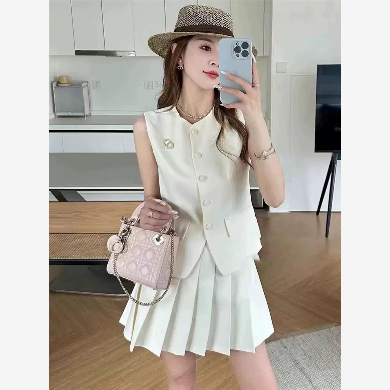 学院风白色马甲套装裙女夏干练气质百褶半身裙高级感小洋装两件套