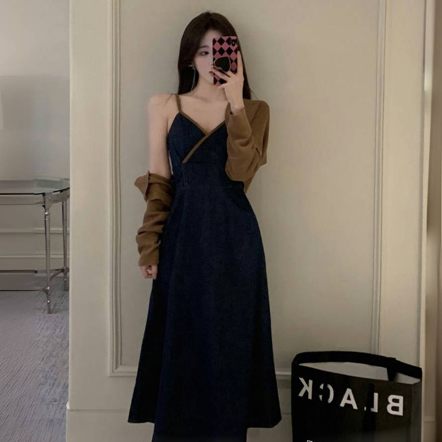 秋类搭配一整套女大码牛仔连衣裙套装美拉