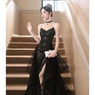 新款 日本品質(zhì)黑色宴會晚禮服女2025夏季 簡約氣質(zhì)性感晚宴藝考主持