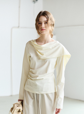 NON RESTRAIN莱赛尔天丝长袖T恤女设计感围脖式荡领宽松针织上衣