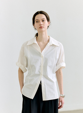 NON RESTRAIN复古肌理感翻领衬衫上衣女夏通勤宽松显瘦蝙蝠袖衬衣