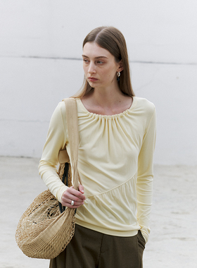 NON RESTRAIN法式抽褶圆领针织T恤女修身显瘦高级感褶皱长袖上衣