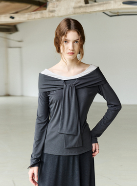 NON RESTRAIN莱赛尔天丝绑结长袖T恤女假两件撞色拼接一字肩上衣