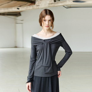 NON T恤女假两件撞色拼接一字肩上衣 RESTRAIN莱赛尔天丝绑结长袖