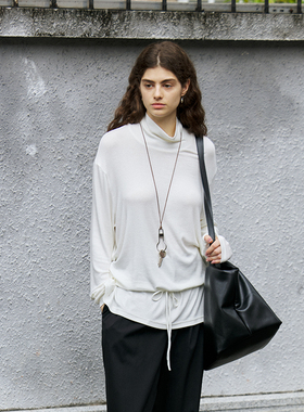 NON RESTRAIN慵懒感简约针织打底上衣女设计感抽绳堆堆领长袖T恤