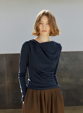 NON RESTRAIN高级气质通勤打底上衣女收腰显瘦褶皱长袖针织T恤衫