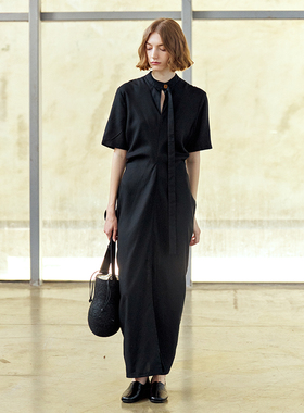 NON RESTRAIN黑色法式开叉收腰连衣裙女设计感飘带领显瘦气质长裙