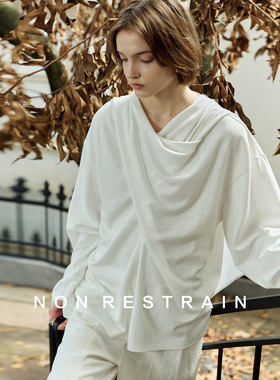 NON RESTRAIN设计感飘带领百搭白色上衣女简约宽松两面穿长袖T恤