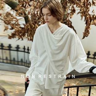 NON T恤 RESTRAIN设计感飘带领百搭白色上衣女简约宽松两面穿长袖
