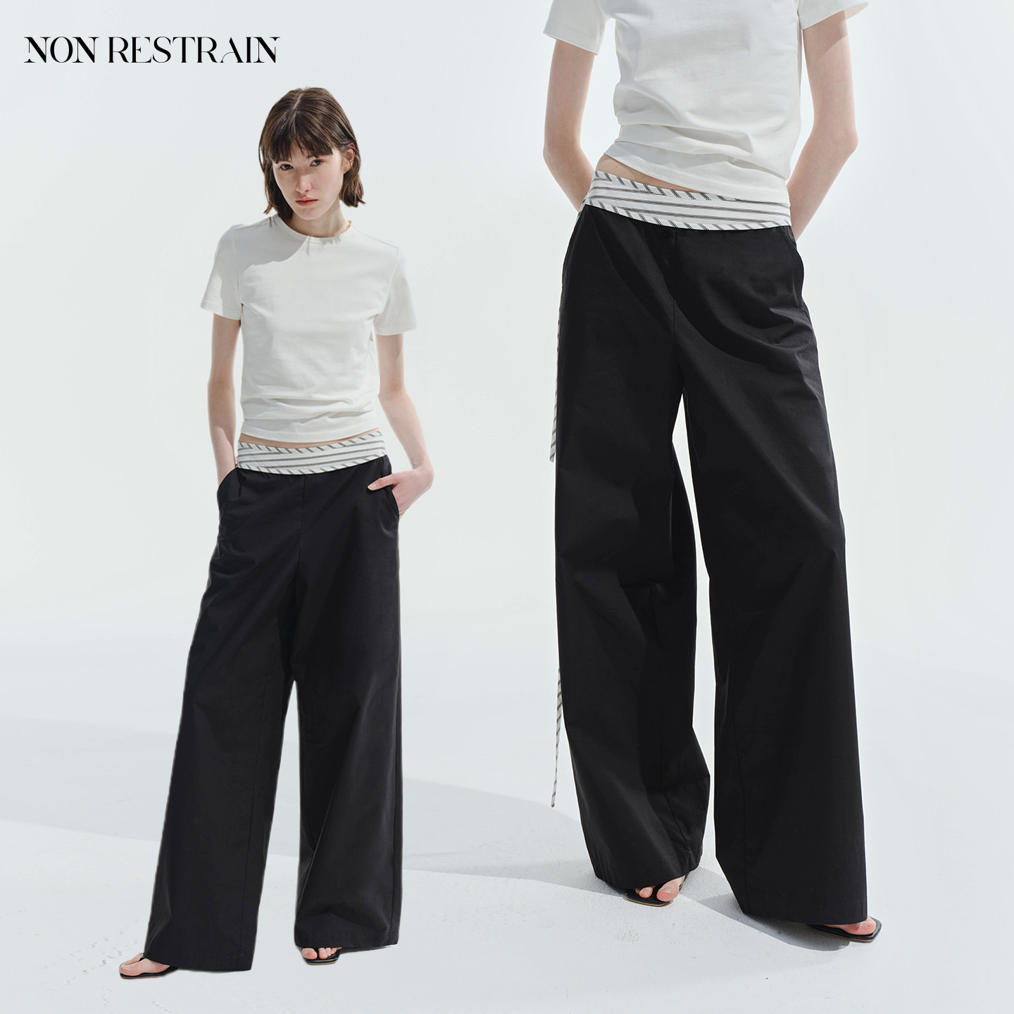 NON RESTRAIN黑色松弛感中腰直筒休闲裤女拼接撞色条纹抽绳阔腿裤
