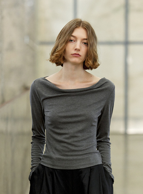 NON RESTRAIN法式设计感荡领针织衫上衣女慵懒感收腰修身长袖T恤