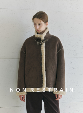 NON RESTRAIN高级感立领羊羔毛棉服女复古麂皮绒皮毛一体夹克外套