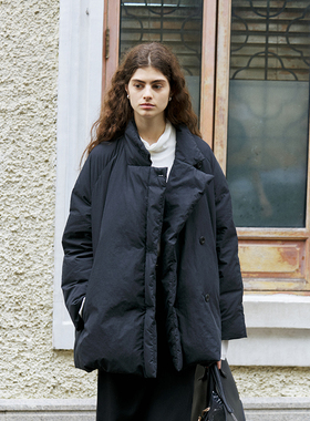 NON RESTRAIN黑色立领白鸭绒中长款羽绒服女宽松廓形御寒保暖外套