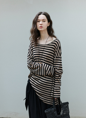 NON RESTRAIN莱赛尔天丝露背落肩长袖T恤女慵懒宽松防晒条纹上衣