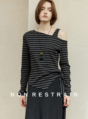 NON RESTRAIN不规则绑带收腰露肩上衣女修身显瘦条纹斜肩长袖T恤
