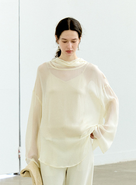 NON RESTRAIN设计感宽松显瘦连帽长袖T恤上衣女舒适薄纱防晒罩衫