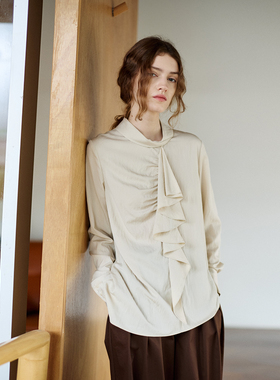NON RESTRAIN法式立领宽松通勤长袖衬衫女设计感不对称荷叶边衬衣