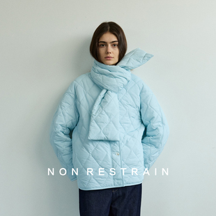 NON RESTRAIN设计感可拆围脖保暖棉服女慵懒感宽松菱格羽绒棉外套