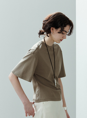 NON RESTRAIN简约基础款纯色中袖T恤女收腰显瘦宽肩圆领打底上衣