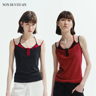 NON RESTRAIN莱赛尔天丝系带挂脖背心女假两件撞色辣妹吊带上衣