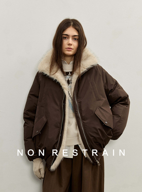 NON RESTRAIN三防90白鸭绒派克羽绒服女可拆毛领宽松保暖皮草外套