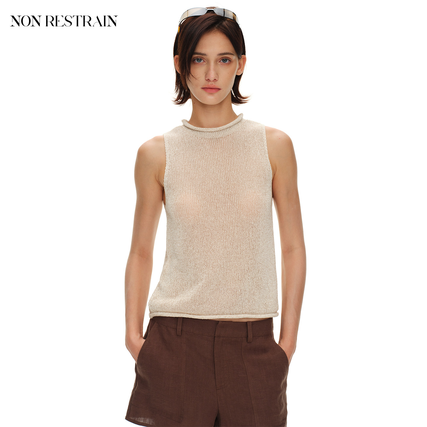 NON RESTRAIN亚麻卷边半高领针织背心女微透天丝无袖露肩上衣小衫