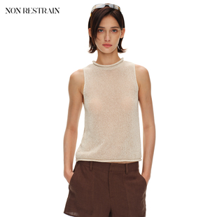 露肩上衣小衫 NON RESTRAIN亚麻卷边半高领针织背心女微透天丝无袖
