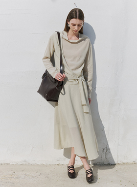 NON RESTRAIN莱赛尔天丝荡领收腰绑带上衣女肌理感A字半身裙套装