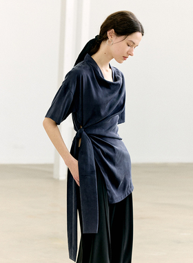 NON RESTRAIN设计感系带开叉气质衬衫上衣女小众荡领显瘦短袖衬衣