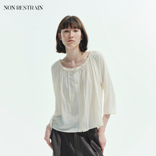 上衣女通勤宽松微透七分袖 系带抽褶气质衬衫 衬衣 RESTRAIN法式 NON