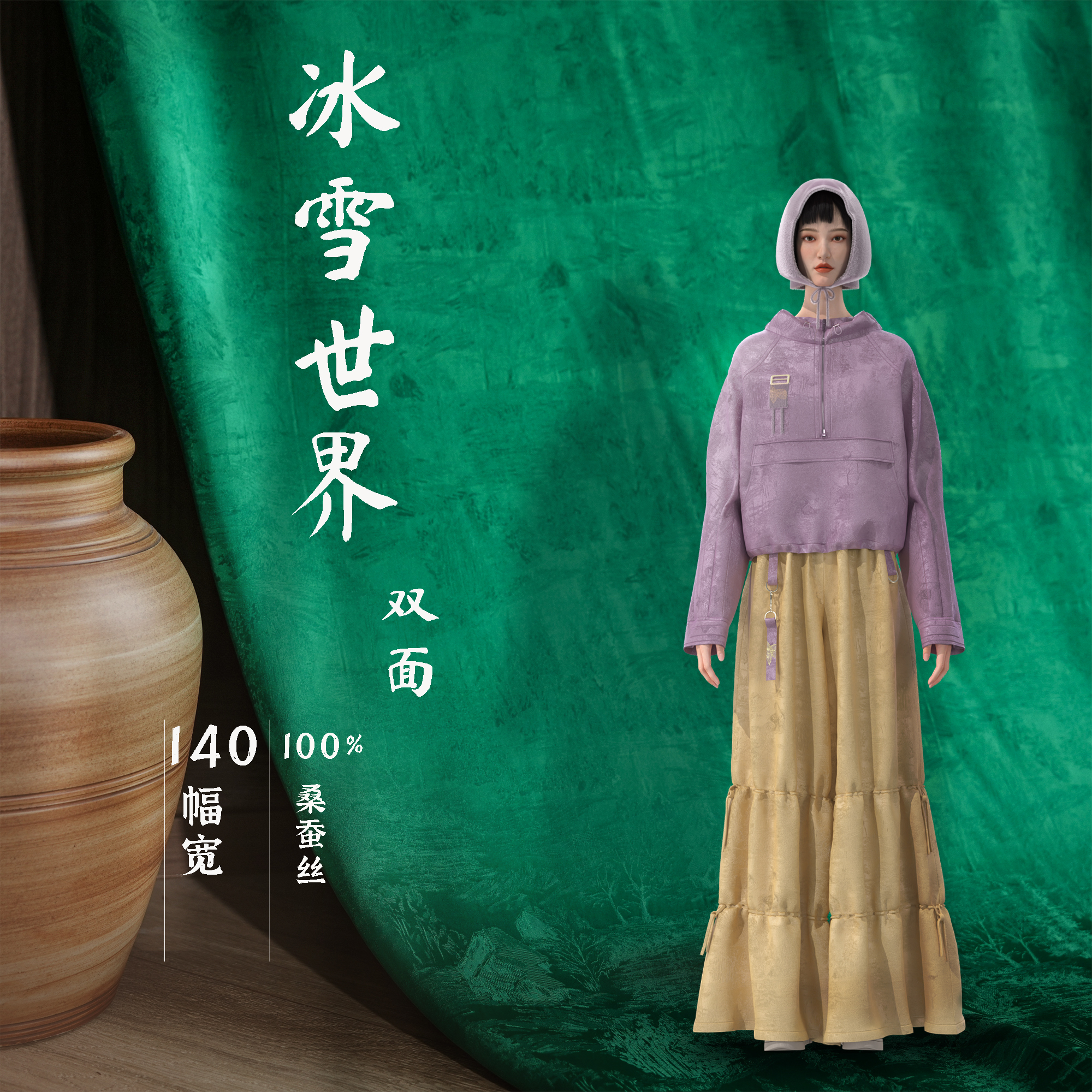 【冰雪世界双面】草本丝绸140幅宽100桑蚕丝面料过薯莨CB-LX0028