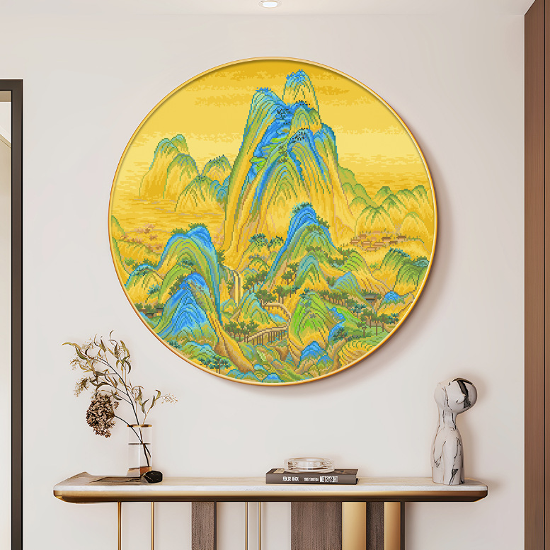 千里江山图十字绣2025新款客厅玄关圆形山水名画手工自己秀三联画