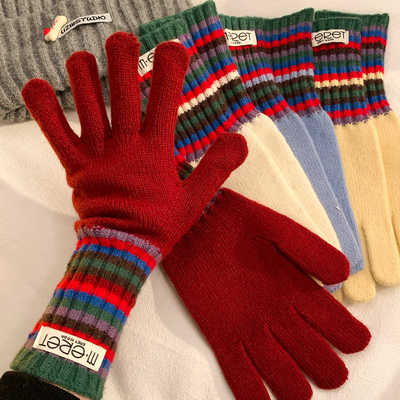 韩系彩色条纹长款针织毛线手套女冬季加厚防寒骑行防风可触屏保暖