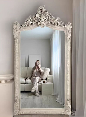 法式复古全身镜实木雕花白色欧式试衣镜卧室服装店落地玄关镜子