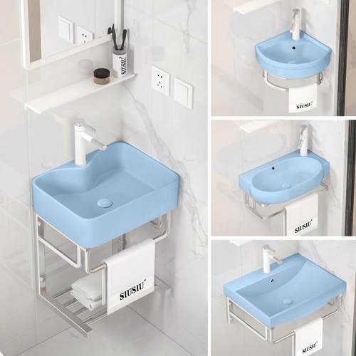 蓝色洗漱盆陶瓷三角洗手盆挂墙式简易洗脸盆小户型卫生间面盆阳台