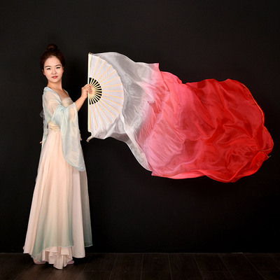 扇子舞蹈b扇大红色渐变真丝古典舞长飘锦鲤抄牵丝戏跳舞扇红长绸