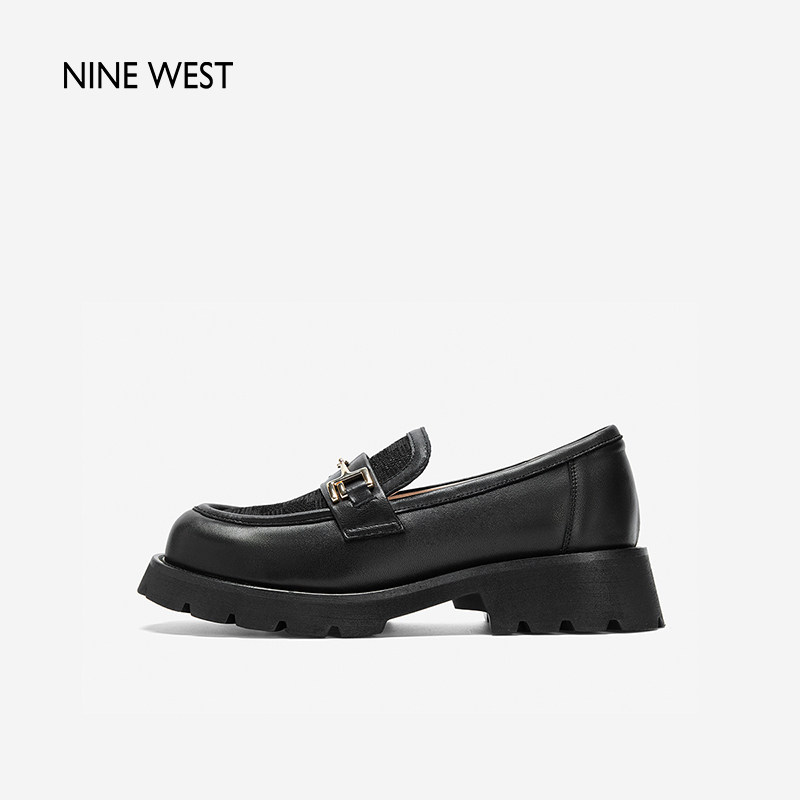 Nine West/玖熙春夏方头乐福鞋女黑色羊皮革低跟通勤百搭清仓单鞋