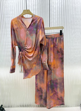 海燕家莫奈花园系列 气质斜襟绑带显瘦光泽感100桑蚕丝套裤S837好