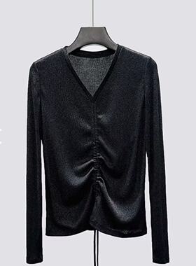 海燕家新款 金线V领抽绳两穿显瘦羊毛莱赛尔混纺上衣针织衫S1272