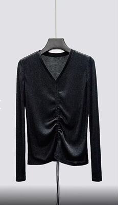 海燕家新款 金线V领抽绳显瘦羊毛莱赛尔混纺上衣针织衫S1272对